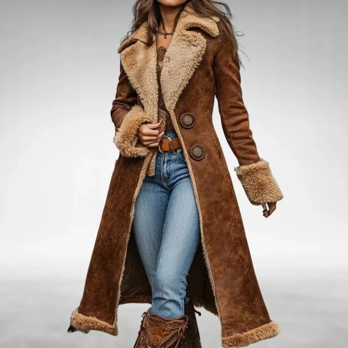 Women's Long Faux Shearling Coat with Lapels