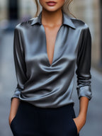 Women's Satin Top with V-Neck and Collar