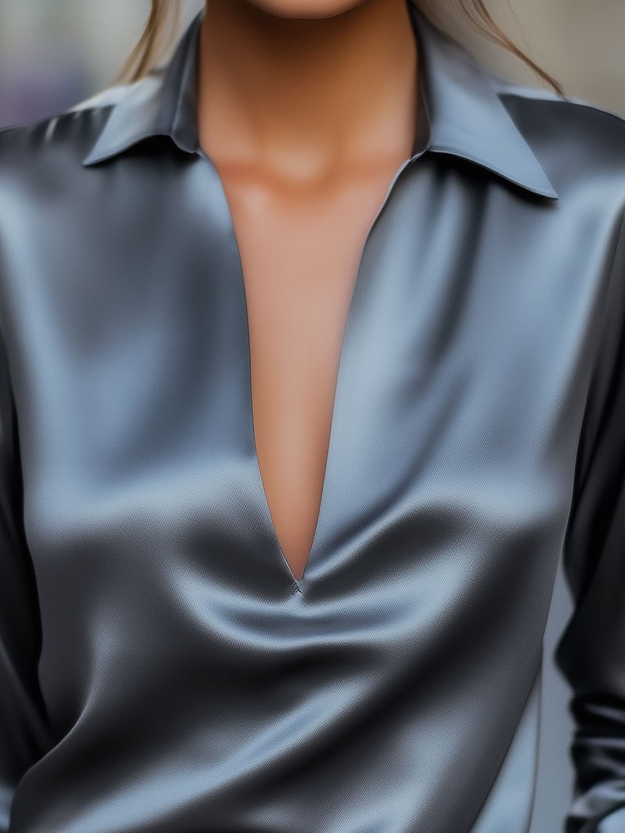 Women's Satin Top with V-Neck and Collar