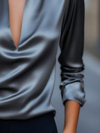 Women's Satin Top with V-Neck and Collar