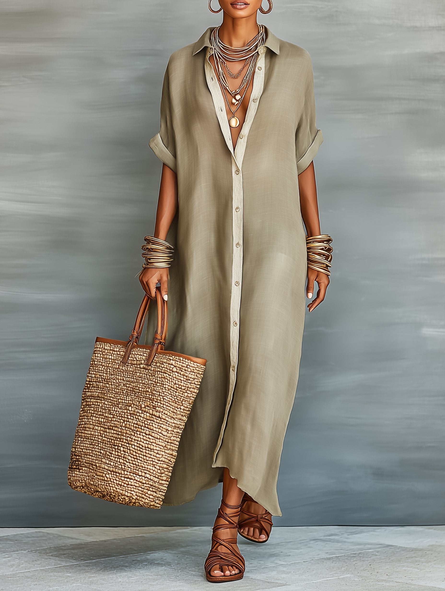 Women’s Relaxed Button-Front Maxi Shirt Dress