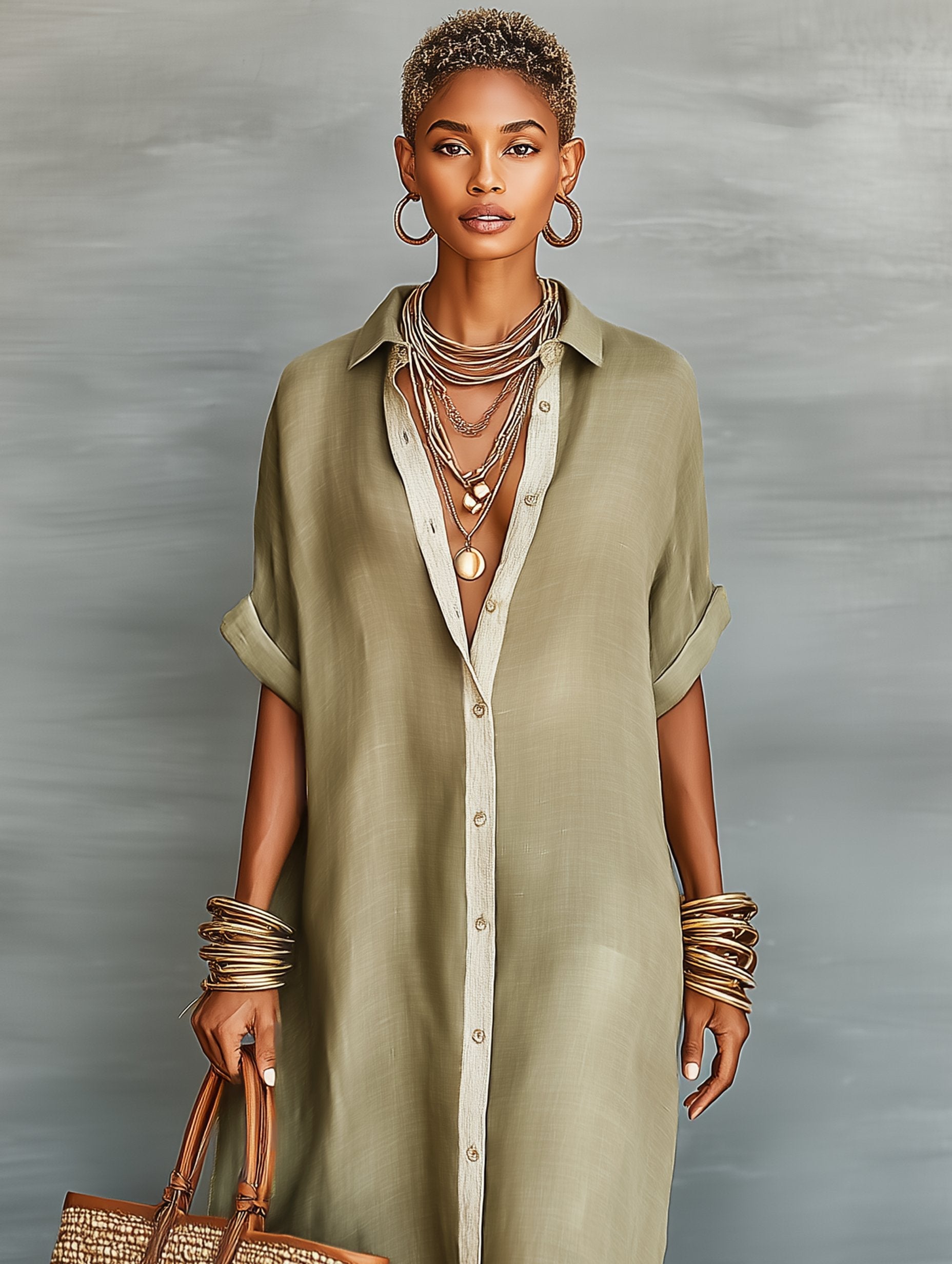 Women’s Relaxed Button-Front Maxi Shirt Dress