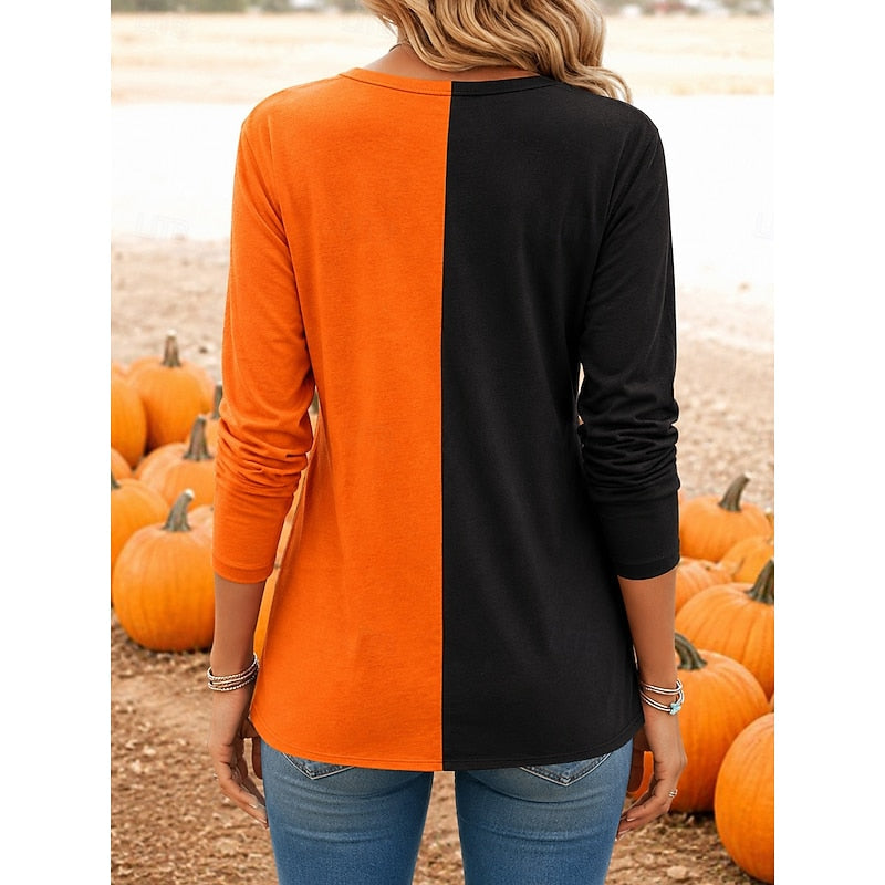 Women's Halloween Pumpkin Print Long Sleeve Top