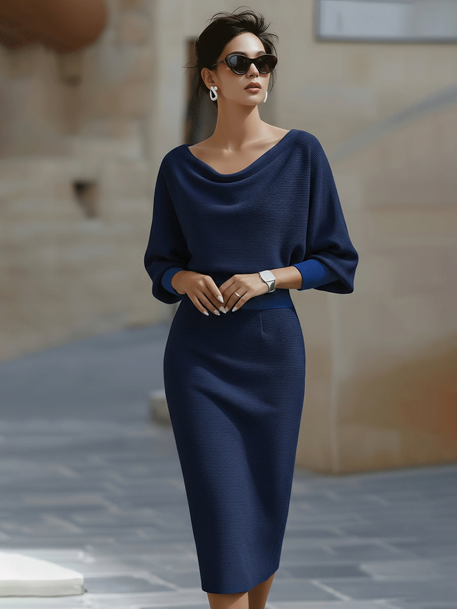 Women's Cowl Neck Knit Midi Dress with Batwing Sleeves