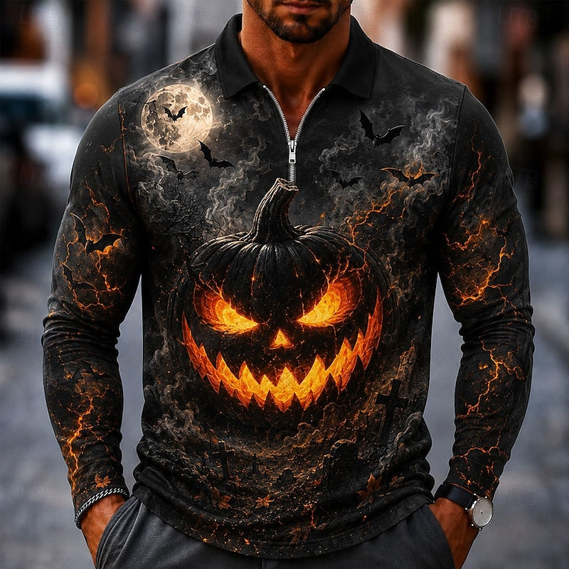 Men's Halloween Pumpkin Quarter-Zip Polo Shirt