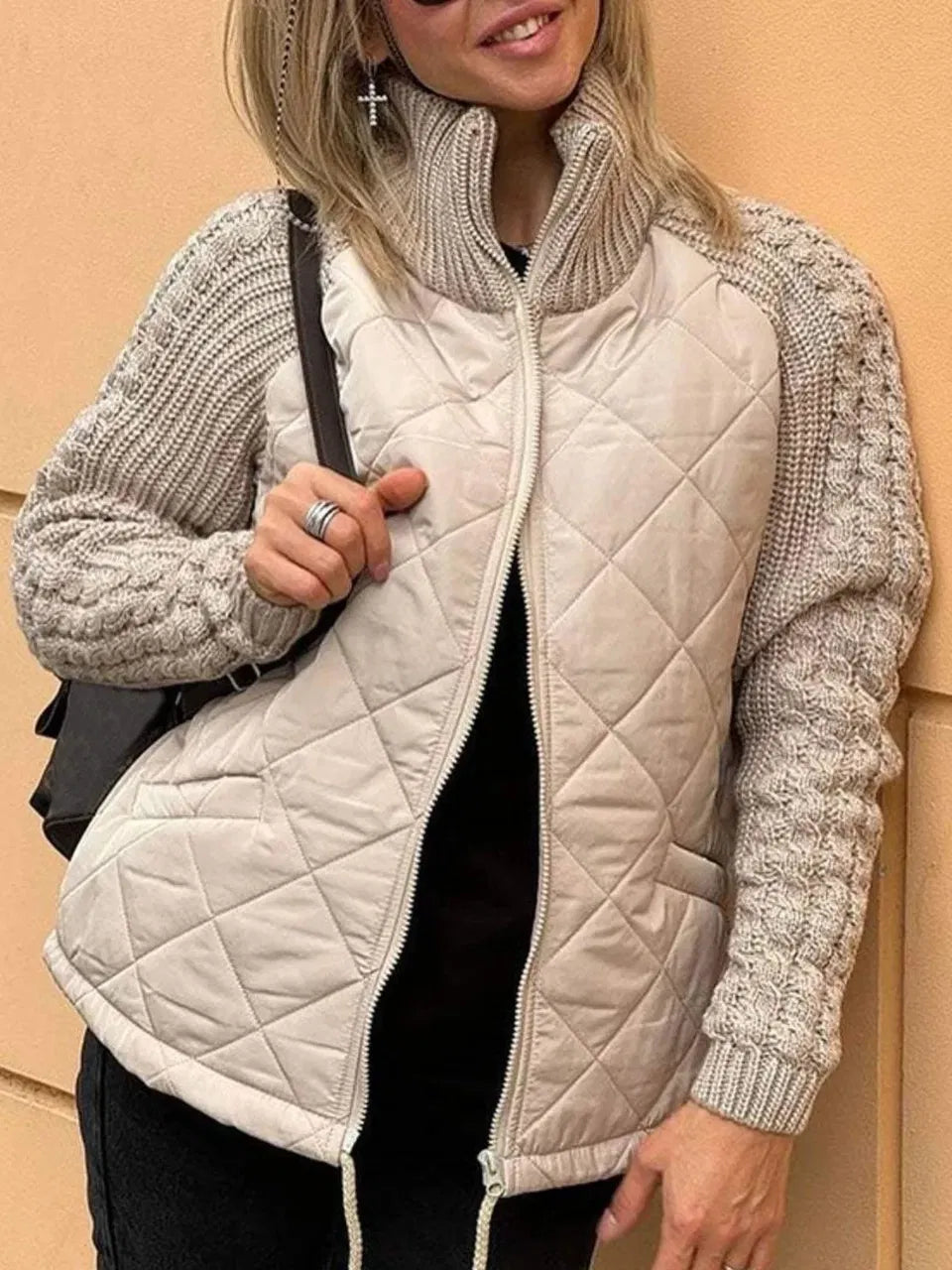 Women's Quilted Zip Jacket with Textured Sleeves