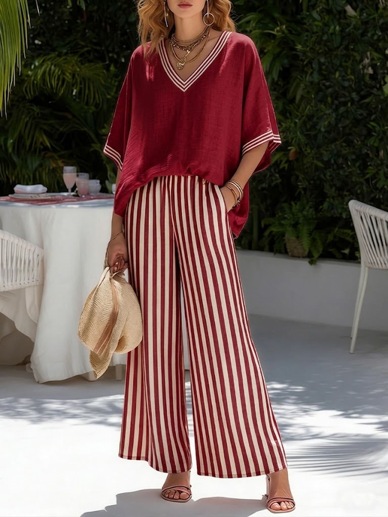 Women's Striped Wide-Leg Pant Set