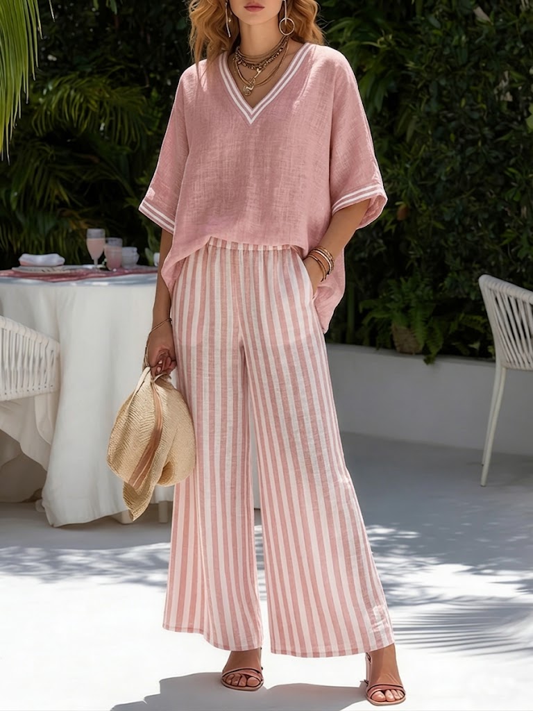 Women's Striped Wide-Leg Pant Set