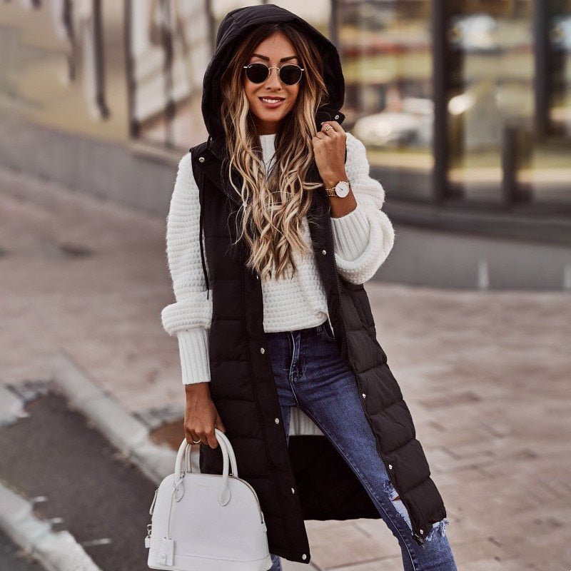 Women's Hooded Longline Quilted Vest