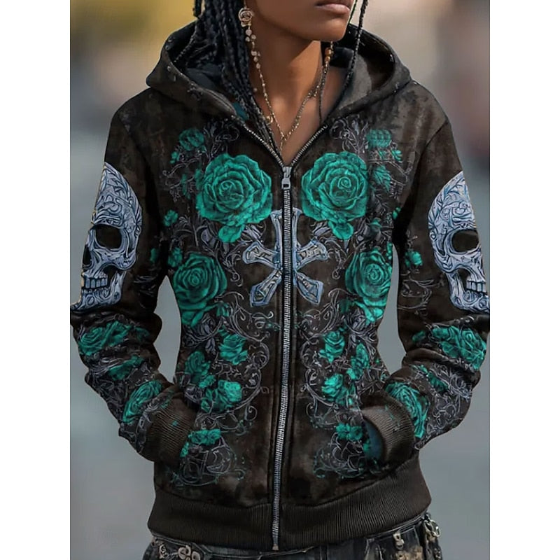 Men's Halloween Skull Rose Zip-Up Hoodie