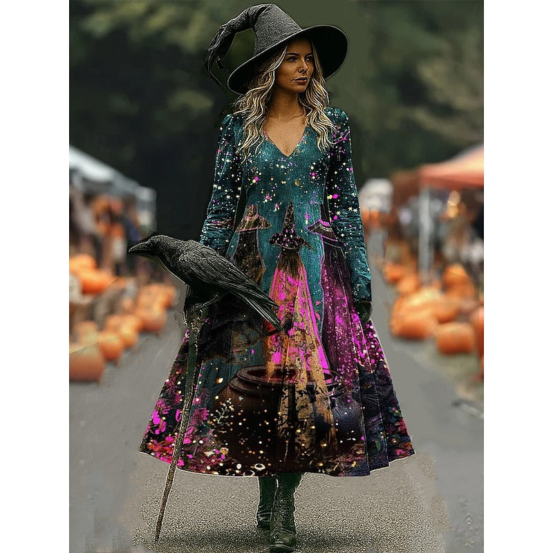 Women's Halloween Graphic Print Long Sleeve Midi Dress
