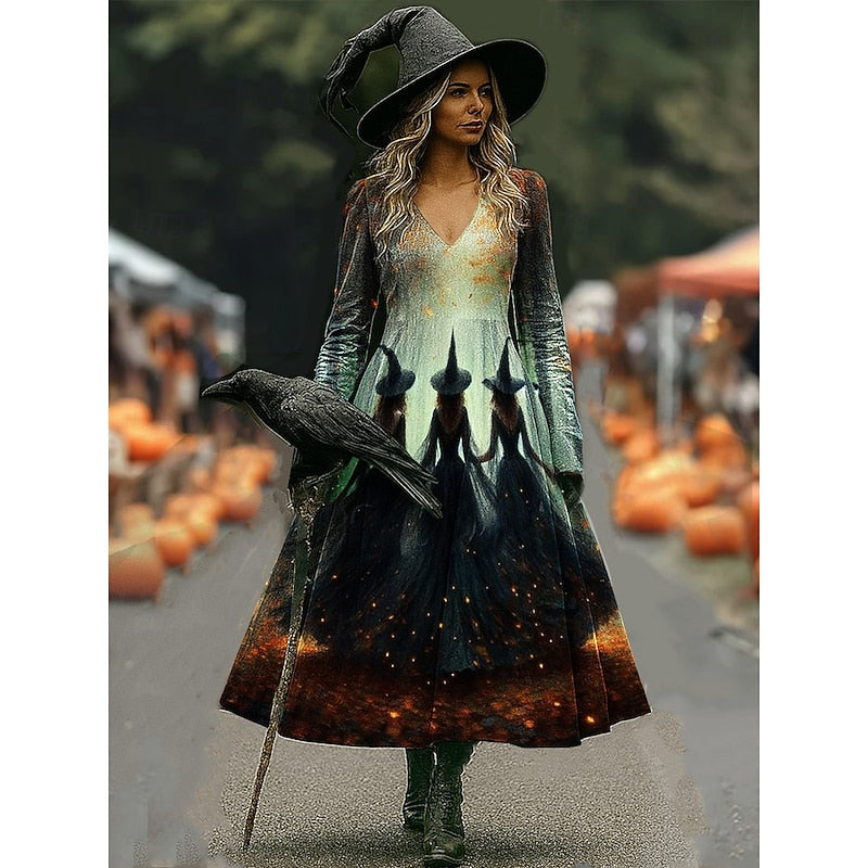 Women's Halloween Graphic Print Long Sleeve Midi Dress