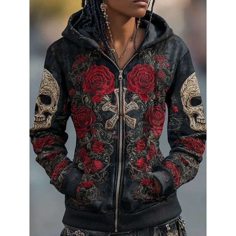 Men's Halloween Skull Rose Zip-Up Hoodie