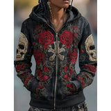 Men's Halloween Skull Rose Zip-Up Hoodie