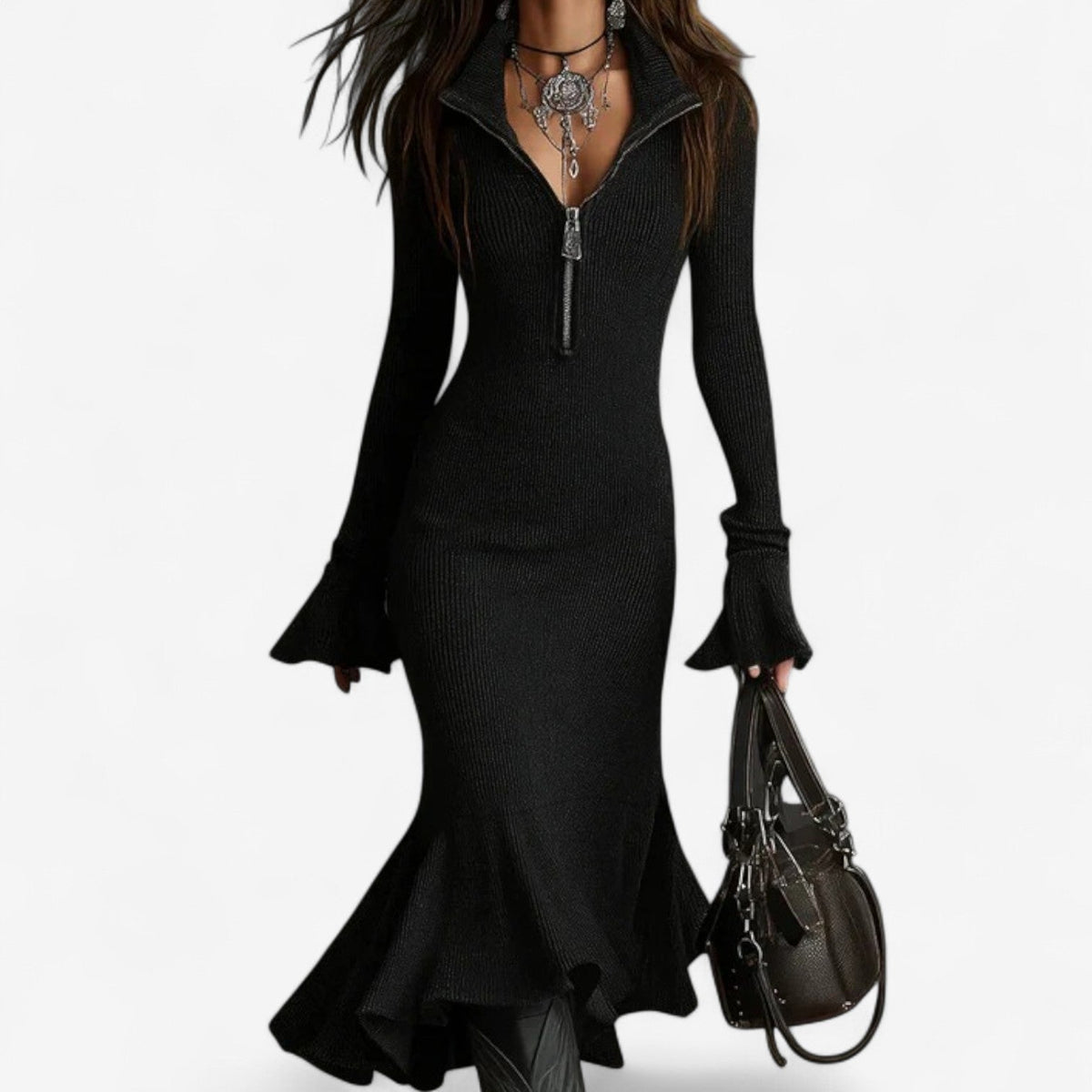 Women's Long Sleeve Zip Neck Mermaid Midi Dress
