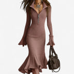 Women's Long Sleeve Zip Neck Mermaid Midi Dress
