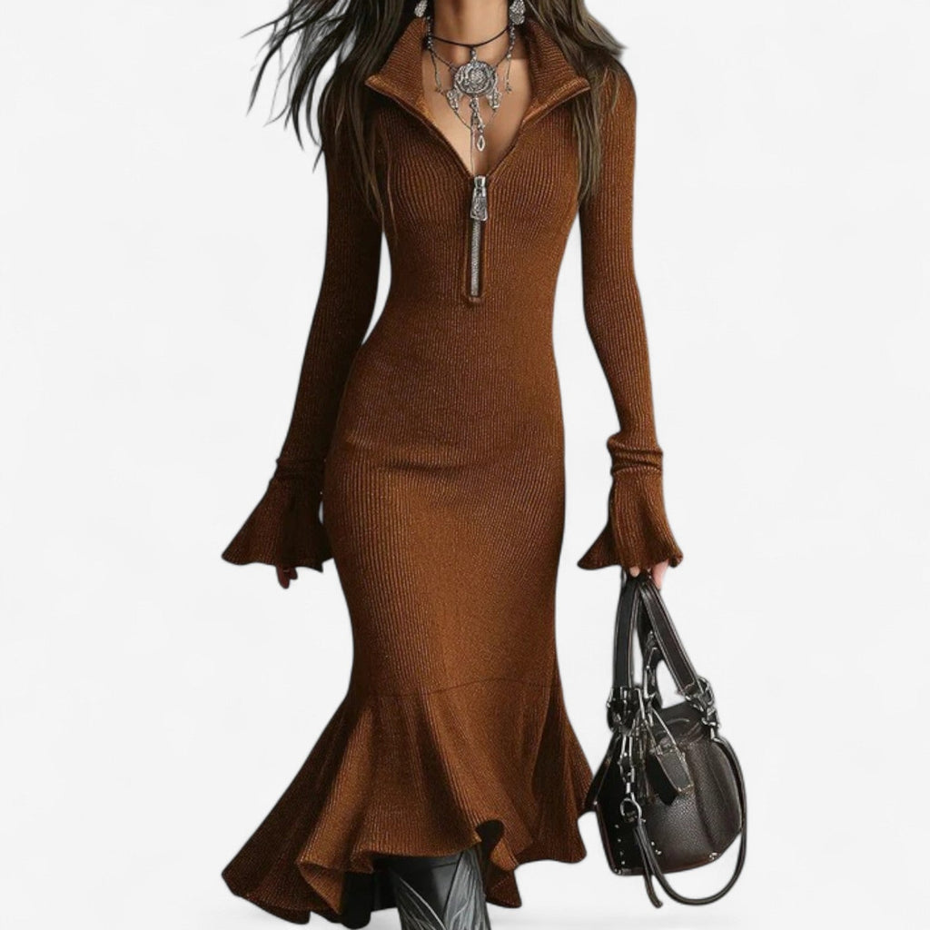 Women's Long Sleeve Zip Neck Mermaid Midi Dress