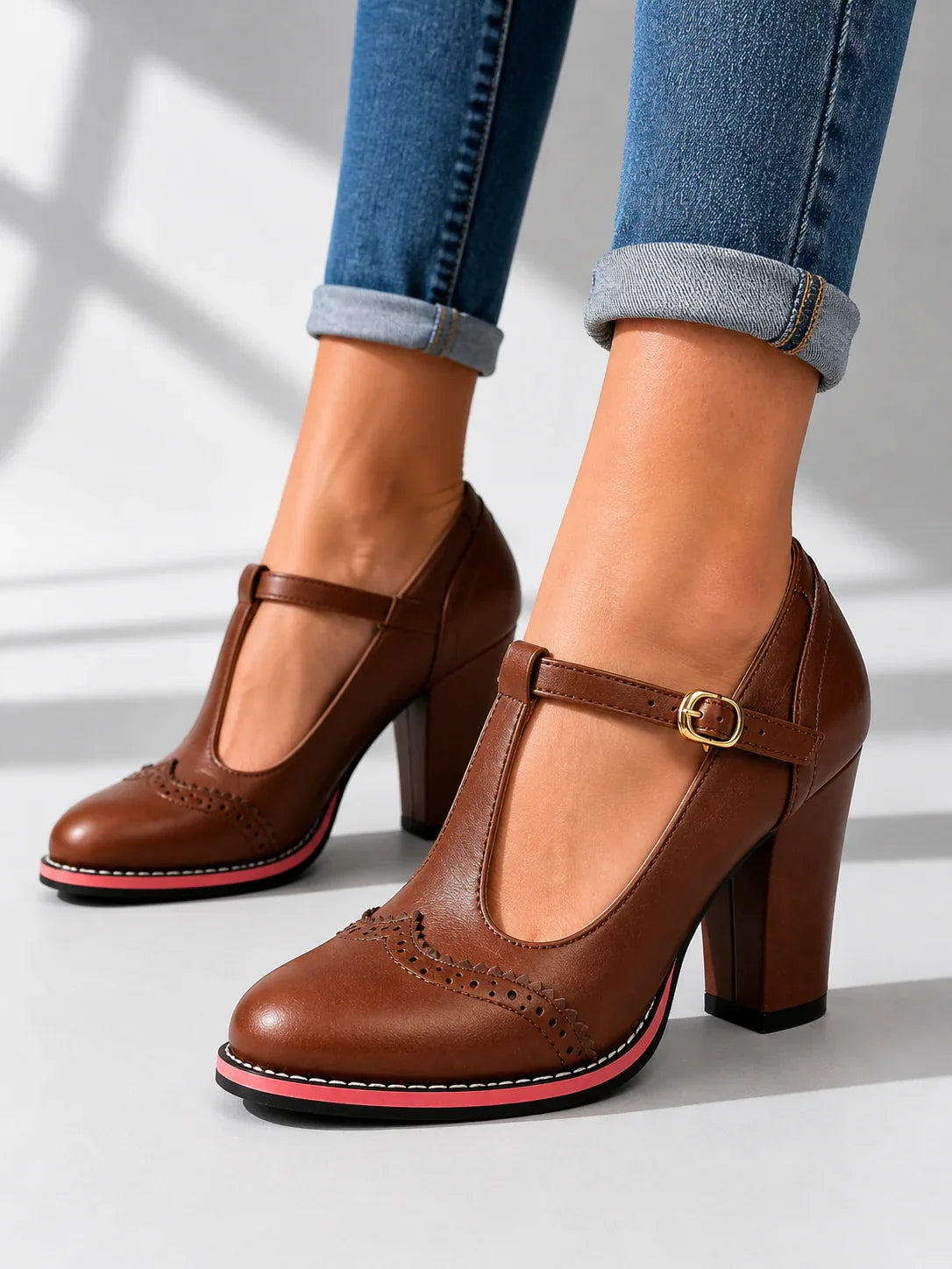 Women's Mary Jane Block Heel Pumps with Buckle