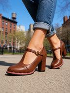 Women's Mary Jane Block Heel Pumps with Buckle