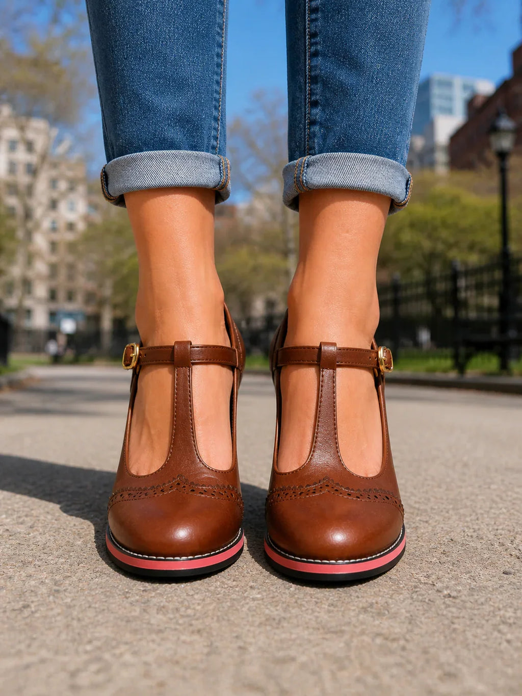 Women's Mary Jane Block Heel Pumps with Buckle
