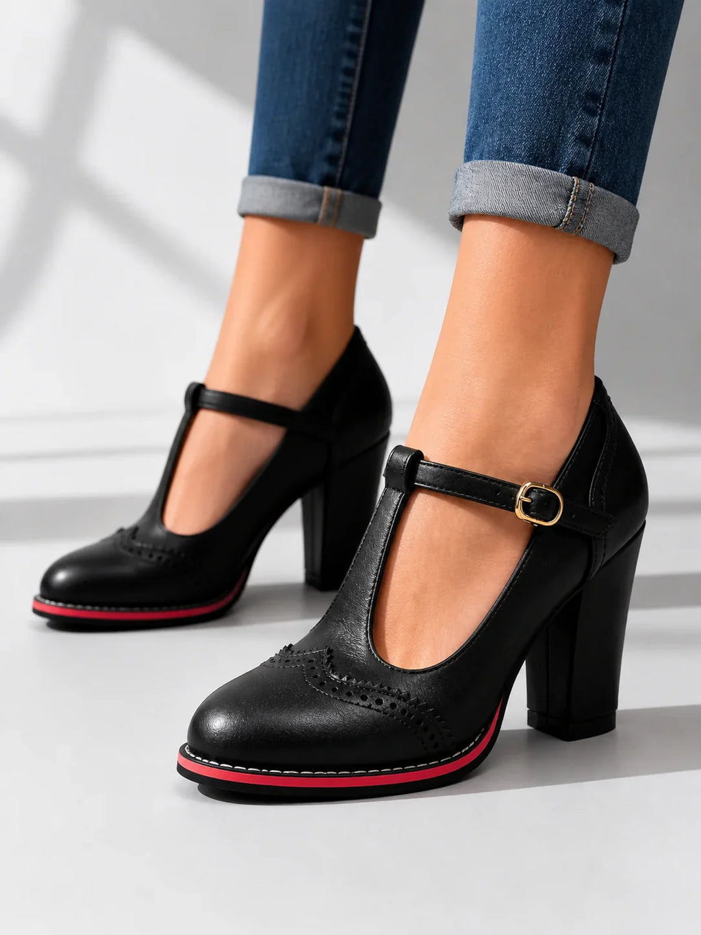 Women's Mary Jane Block Heel Pumps with Buckle