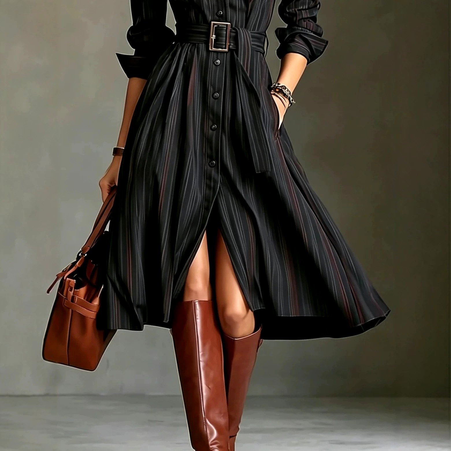 Women’s Belted Button-Front Midi Dress