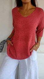 Women's V-Neck Short Sleeve Knit Sweater