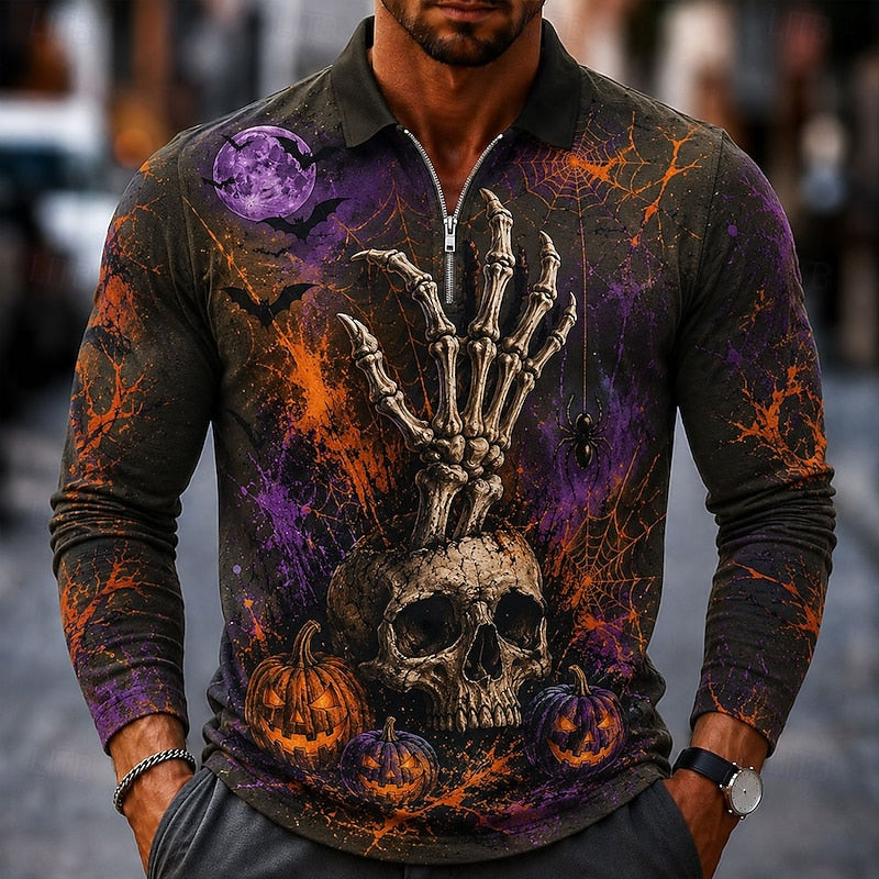 Men's Halloween Pumpkin Quarter-Zip Polo Shirt