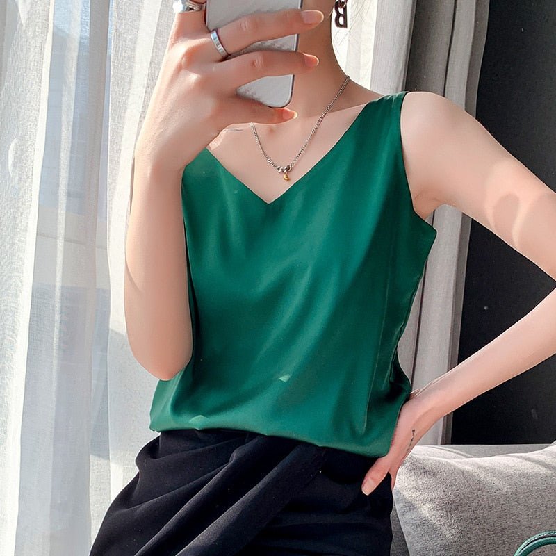 Women's Satin V Neck Tank Top