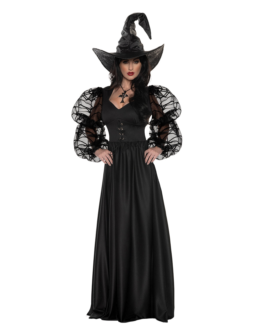Women's Witch Costume With Spiderweb Puff Sleeves