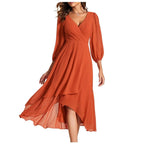 Women's V-Neck High-Low Dress with Balloon Sleeves