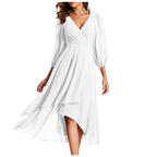 Women's V-Neck High-Low Dress with Balloon Sleeves