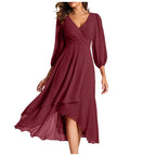 Women's V-Neck High-Low Dress with Balloon Sleeves