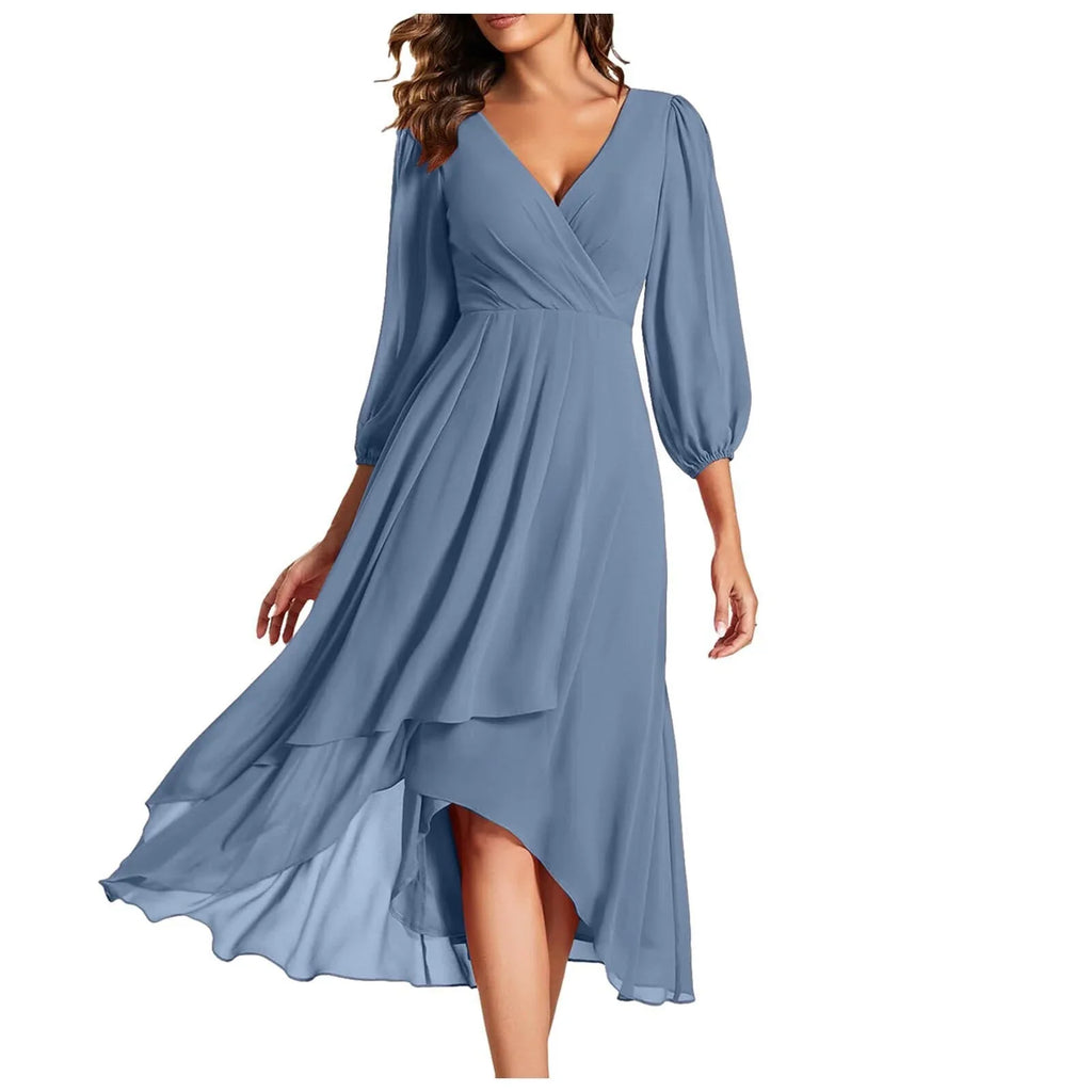 Women's V-Neck High-Low Dress with Balloon Sleeves
