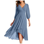 Women's V-Neck High-Low Dress with Balloon Sleeves