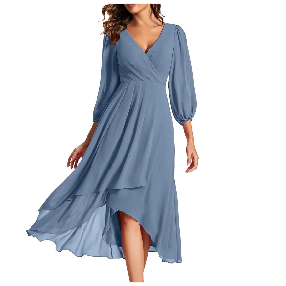 Women's V-Neck High-Low Dress with Balloon Sleeves