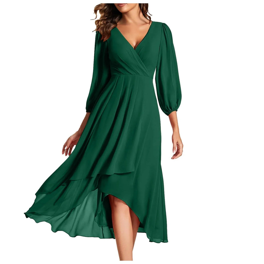 Women's V-Neck High-Low Dress with Balloon Sleeves