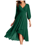Women's V-Neck High-Low Dress with Balloon Sleeves