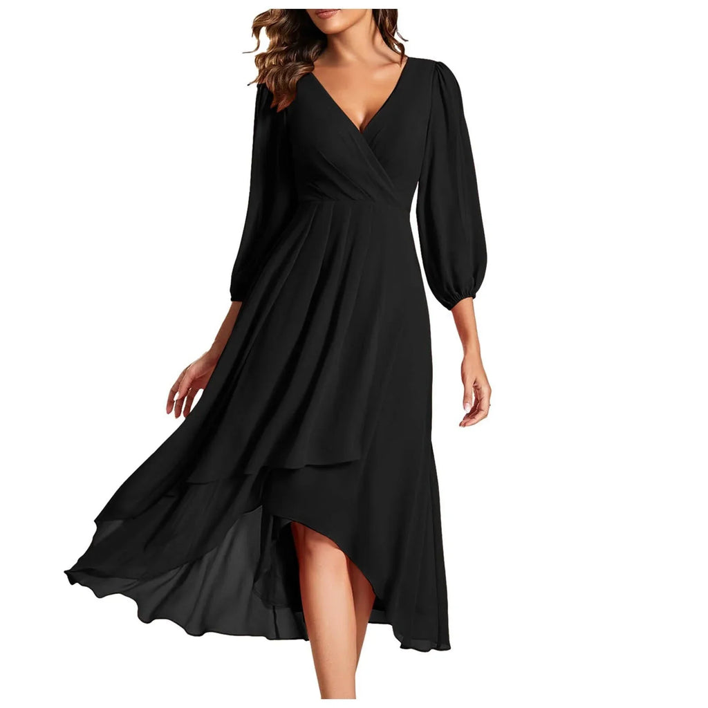 Women's V-Neck High-Low Dress with Balloon Sleeves