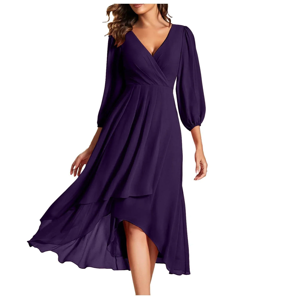 Women's V-Neck High-Low Dress with Balloon Sleeves