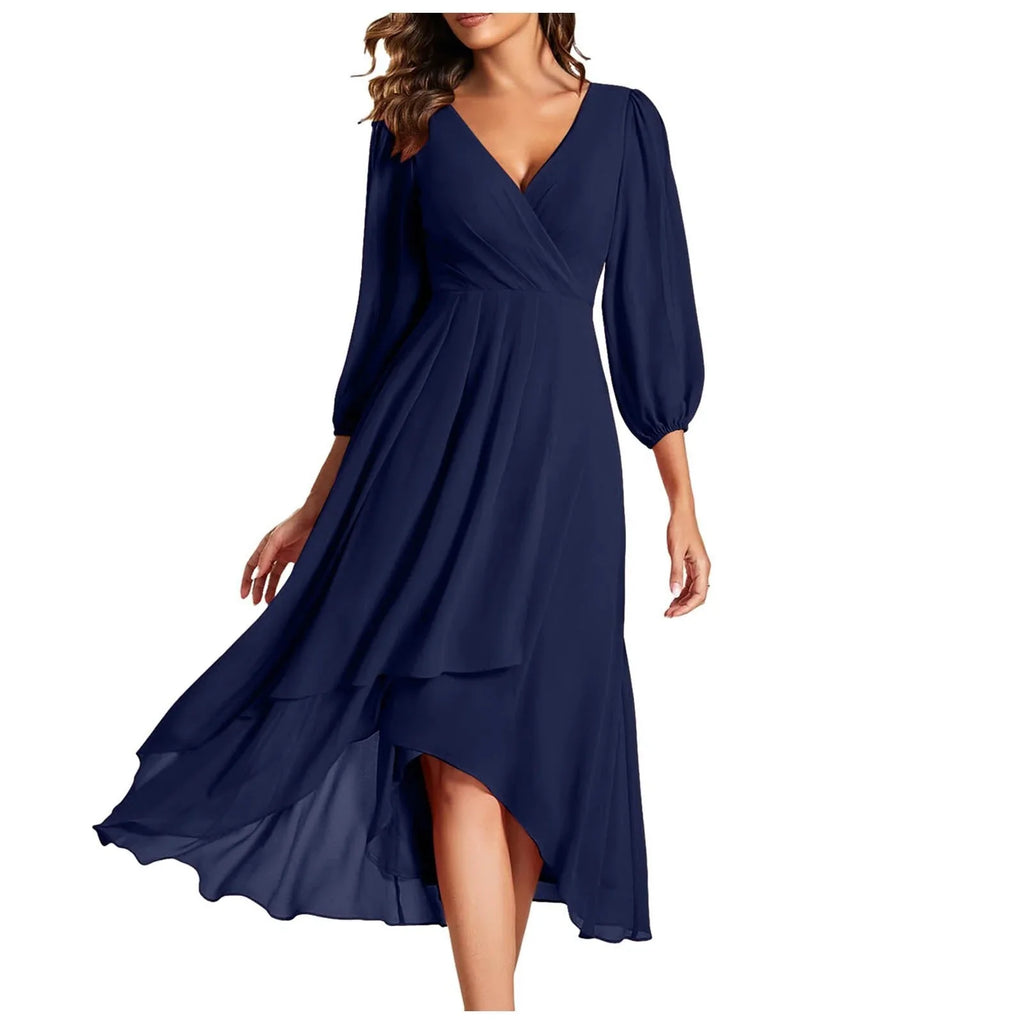 Women's V-Neck High-Low Dress with Balloon Sleeves