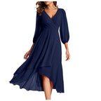 Women's V-Neck High-Low Dress with Balloon Sleeves