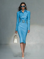 Women's Leather Dress with Belt and Long Sleeves