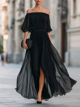 Women's Off Shoulder Pleated Maxi Evening Dress