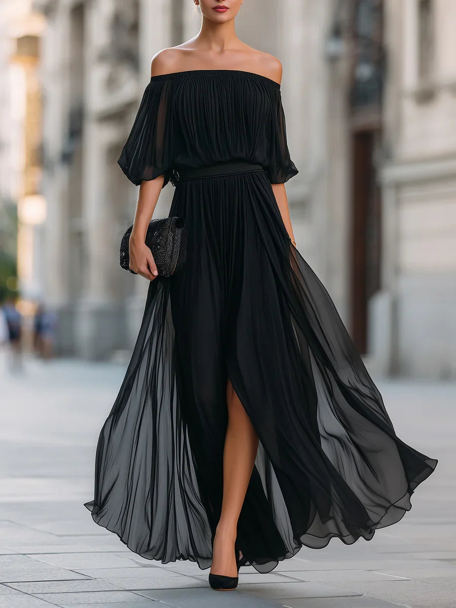 Women's Off Shoulder Pleated Maxi Evening Dress
