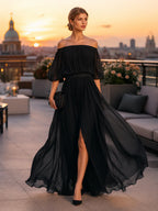 Women's Off Shoulder Pleated Maxi Evening Dress