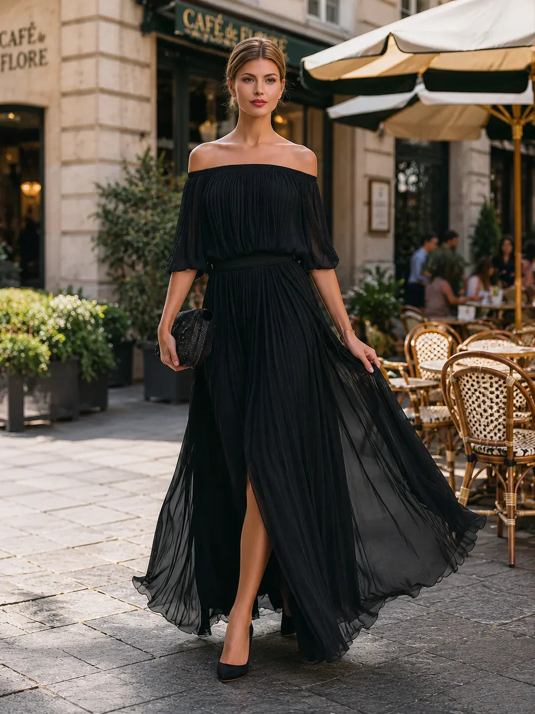Women's Off Shoulder Pleated Maxi Evening Dress