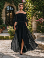 Women's Off Shoulder Pleated Maxi Evening Dress
