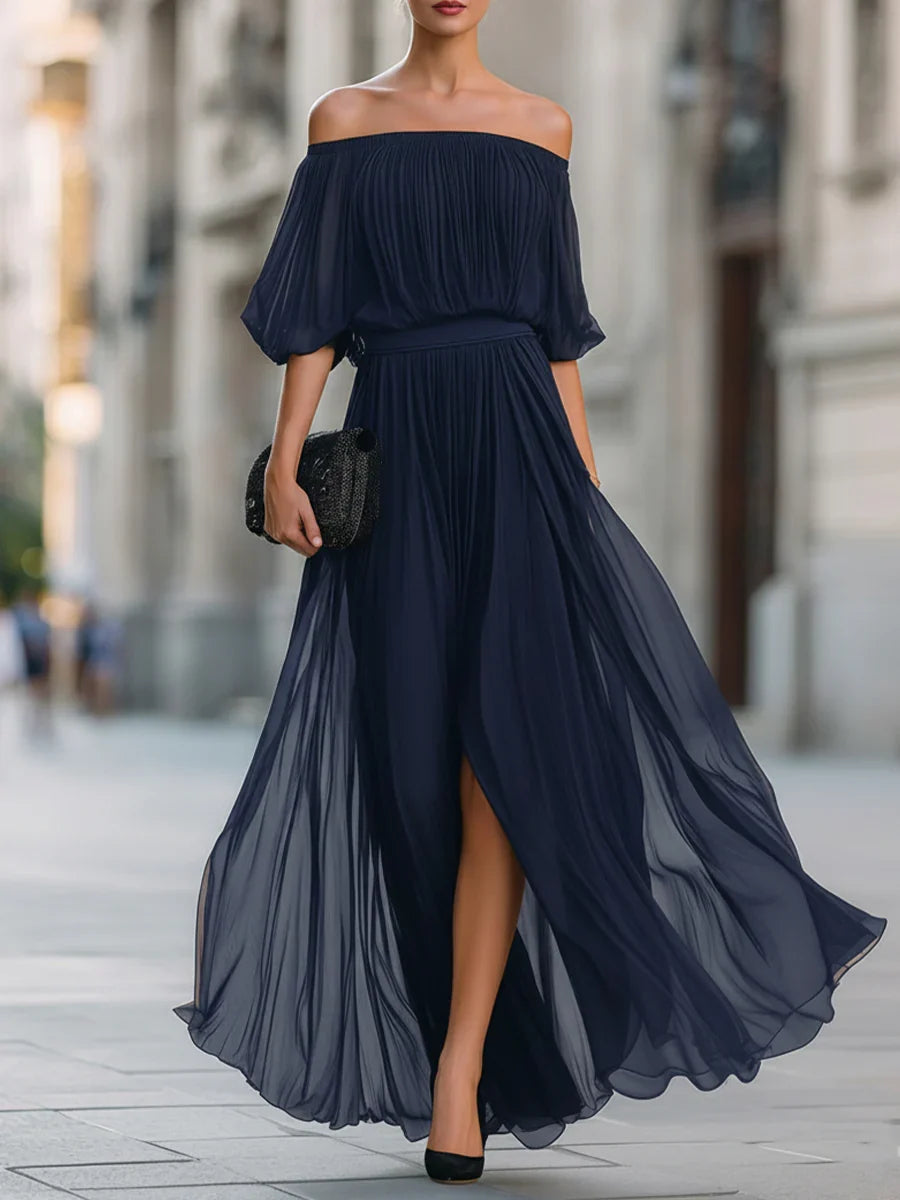 Women's Off Shoulder Pleated Maxi Evening Dress