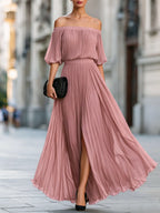 Women's Off Shoulder Pleated Maxi Evening Dress